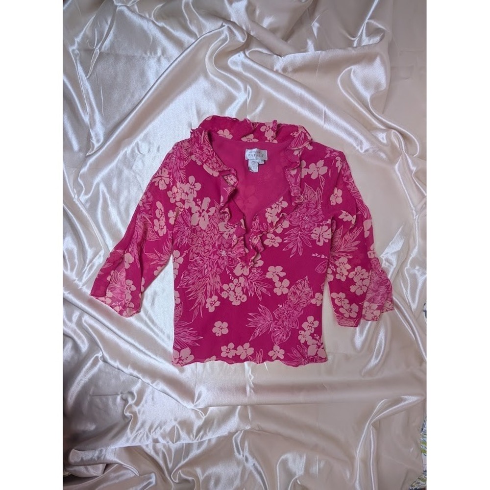 vintage y2k 100% silk blouse adrianna papell 6 pink floral girly coquette ruffle